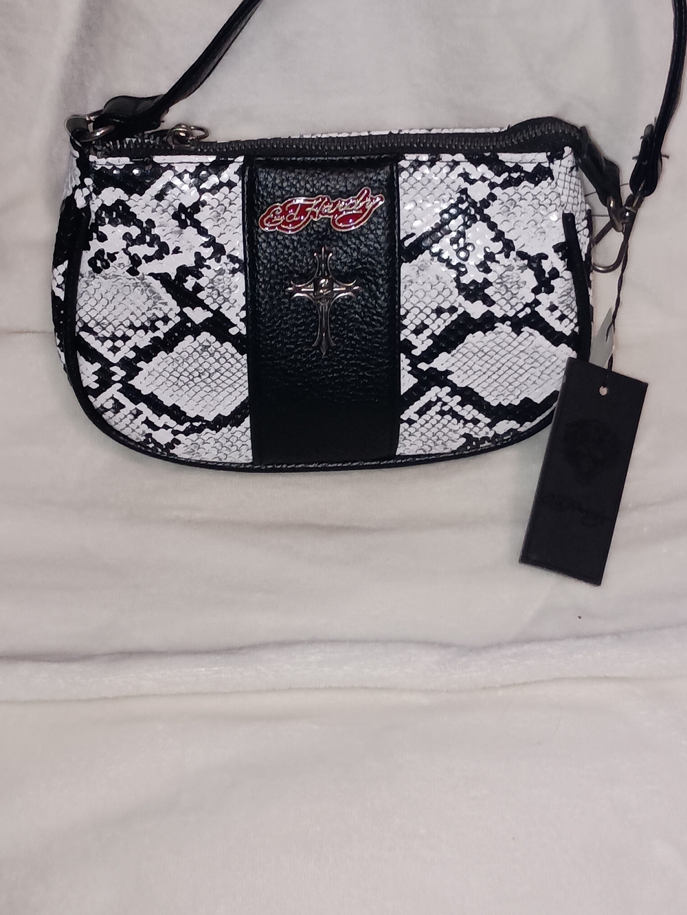 Ed Hardy Black & White Snake-Print Shoulder Bag with Cross Emblem. NWT